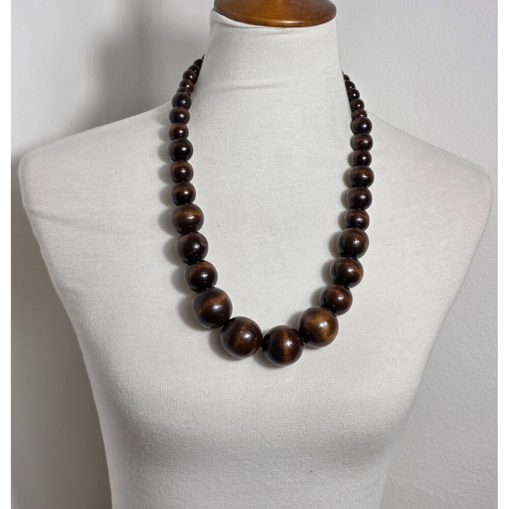 Chunky Dark Brown Graduated Wooden Bead Statement Necklace Polished Finish